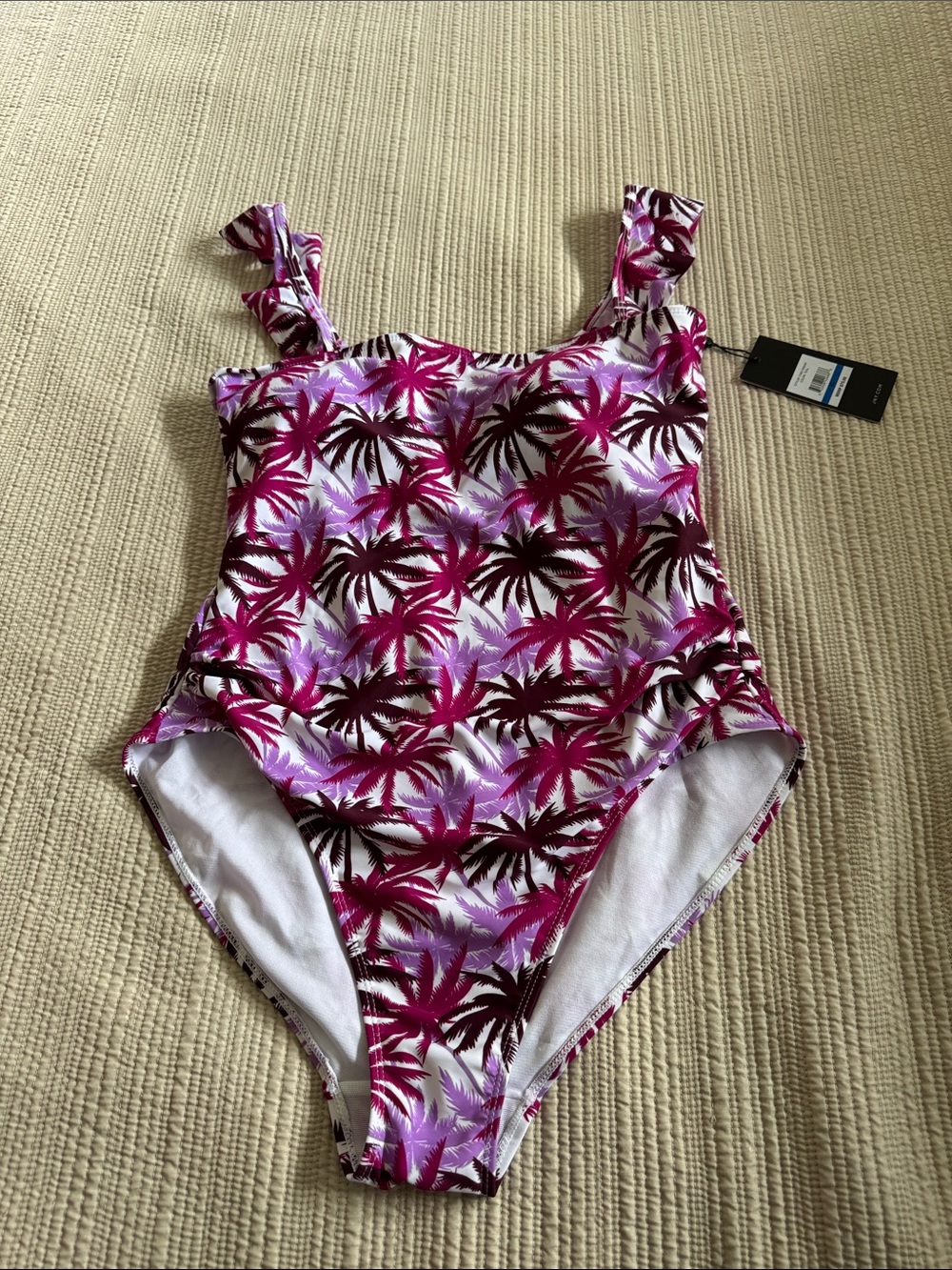 Jones New York Pink, Purple and Maroon Palm-Print One-Piece Swimsuit